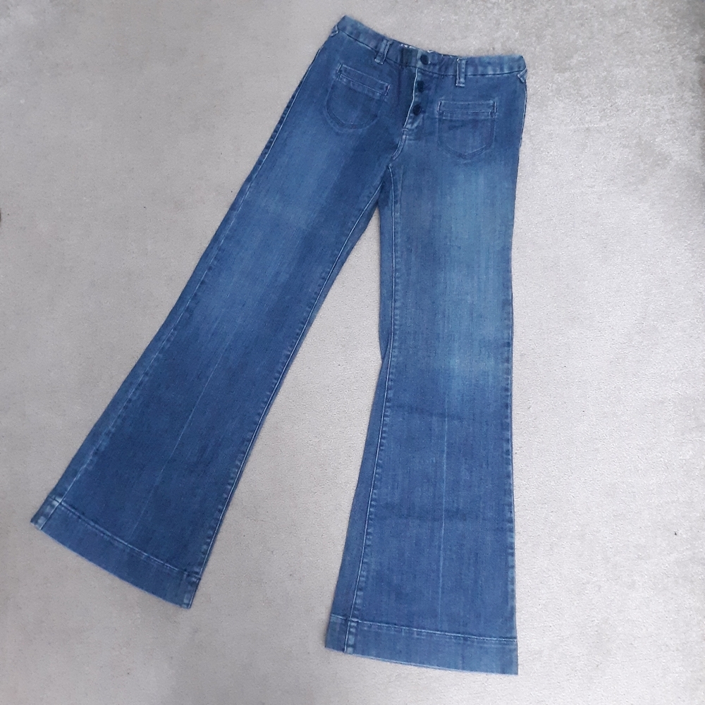 25" Vintage Roxy Wide Leg Flare Blue Jeans Y2K High Rise Button Fly Denim San-O